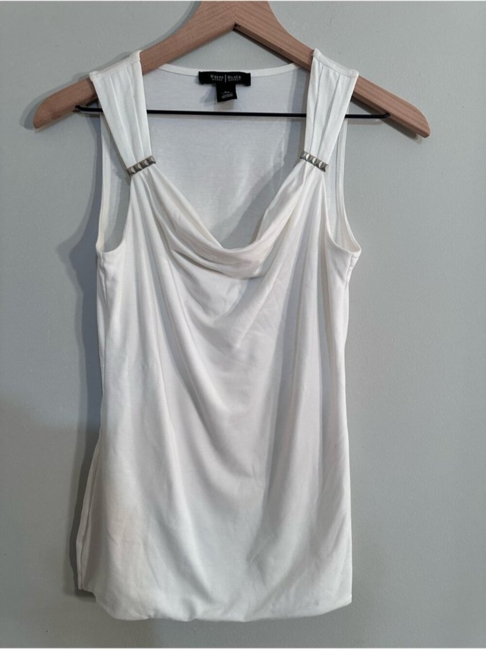 White House Black Market White Draped Neck Tank with Metallic Strap Detail